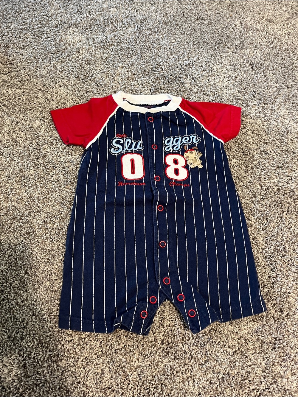 Carter's Navy Pinstripe Baseball Romper with Red Sleeves